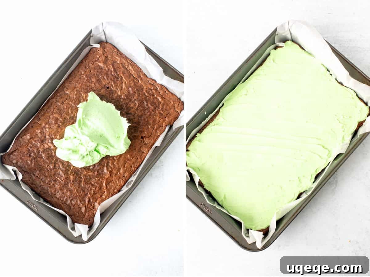 Decadent Mint Swirl Brownies 4 Pan of brownies with mint filling on top, and pan of brownies with mint filling spread into an even layer