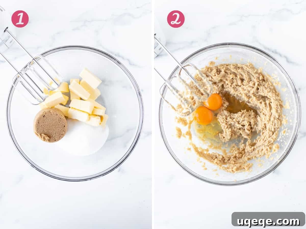 Slutty Brownies: Perfectly Fudgy and Deliciously Homemade 4 Two bowls side-by-side: one with softened butter and sugar, and the other showing the creamed mixture after eggs have been beaten in, ready for dry ingredients.