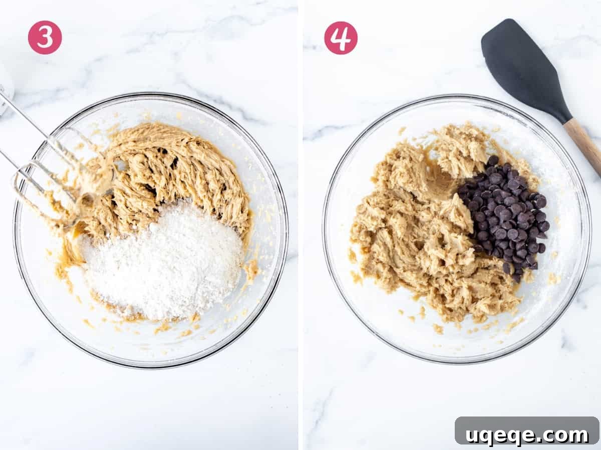 Slutty Brownies: Perfectly Fudgy and Deliciously Homemade 5 Two bowls side-by-side: one with cookie dough after flour is incorporated, and the other with the finished cookie dough studded with chocolate chips.