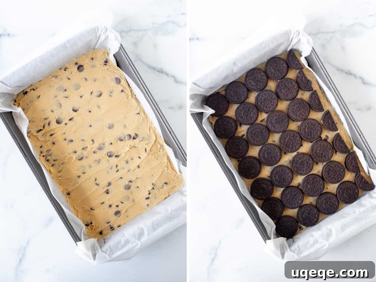 Slutty Brownies: Perfectly Fudgy and Deliciously Homemade 6 Two baking pans side-by-side: one with the smoothed chocolate chip cookie dough base, and the other with the cookie dough base perfectly covered with a single layer of Oreo cookies.