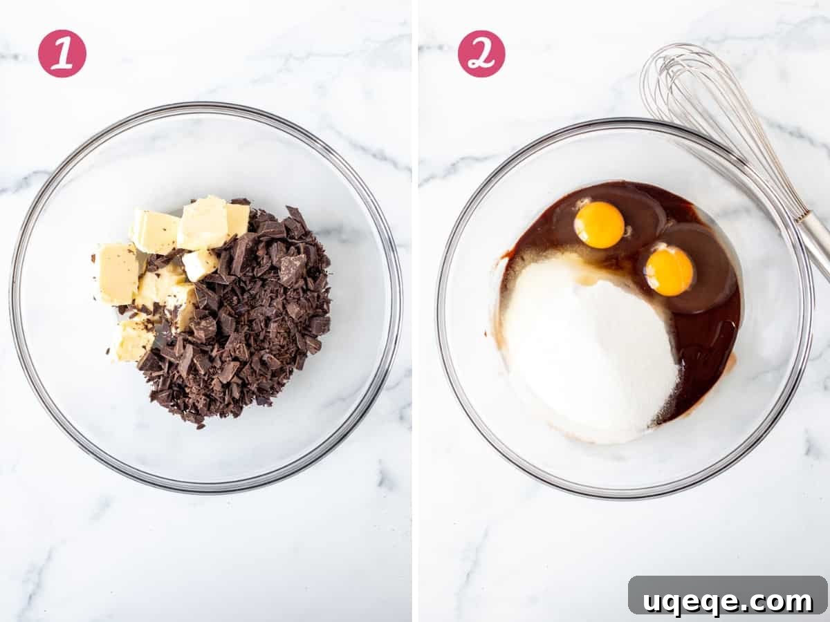 Slutty Brownies: Perfectly Fudgy and Deliciously Homemade 7 Two bowls side-by-side: one with cubed butter and finely chopped dark chocolate, and the other with the melted chocolate mixture combined with sugar and eggs.