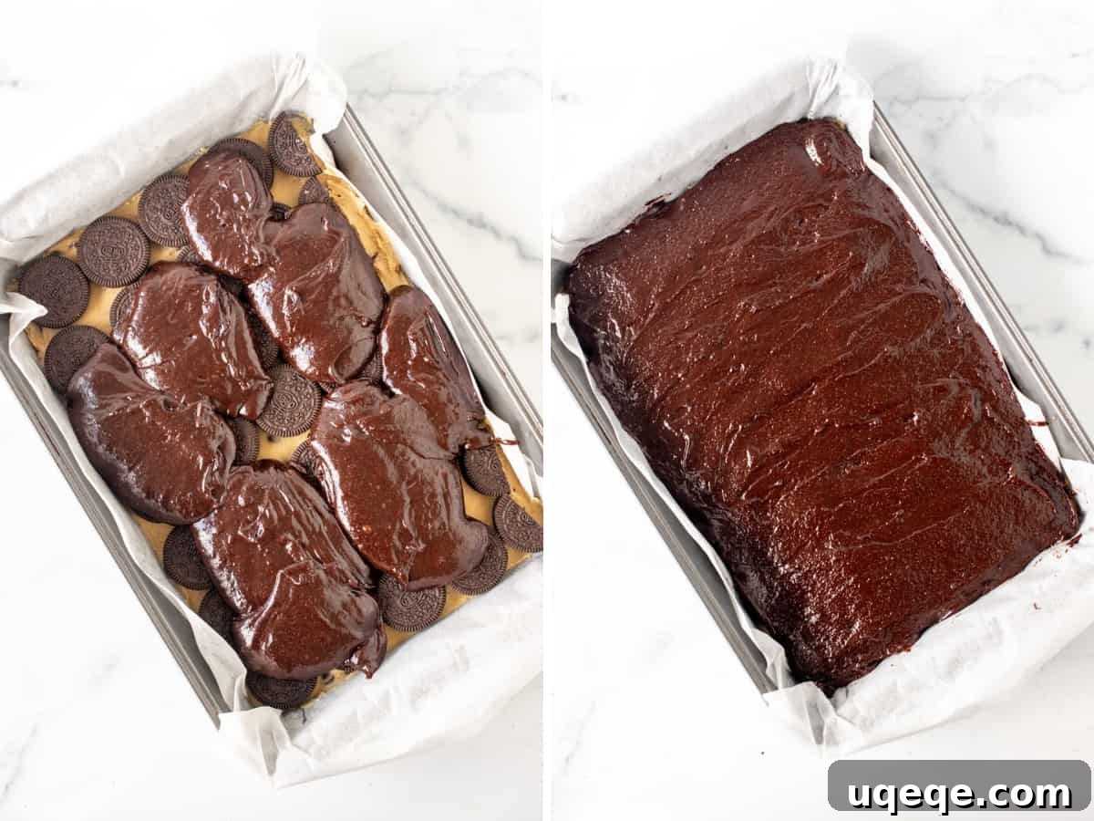 Slutty Brownies: Perfectly Fudgy and Deliciously Homemade 9 A baking pan filled with the layered brownie creation, showing the smooth, dark brownie batter spread evenly over the Oreo cookie layer.