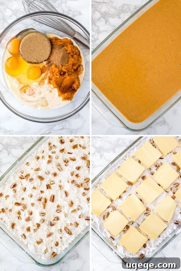 Four step-by-step photos illustrating the process of making a pumpkin dump cake, from mixing the pumpkin layer to arranging the butter slices on top.