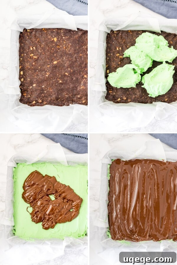 Cool Mint Nanaimo Delight 3 Step by step photos of how to making mint Nanaimo bars. The images show the prepared pan with parchment paper, the dry base ingredients, the melted chocolate mixture, the combined base, the mint filling being spread, and finally the chocolate topping being poured.