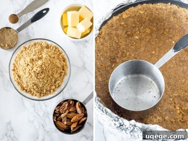 Close-up of the Pecan Graham Cracker Crust ingredients and the prepared crust pressed into a springform pan, ready for filling.
