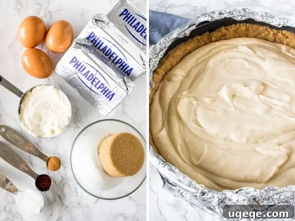 Ingredients for a creamy cheesecake filling, followed by an image of the filling perfectly poured into the prepared pecan graham cracker crust.