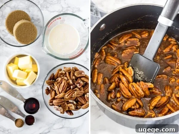Ingredients for the rich pecan pie topping and the finished, gooey topping with toasted pecans.