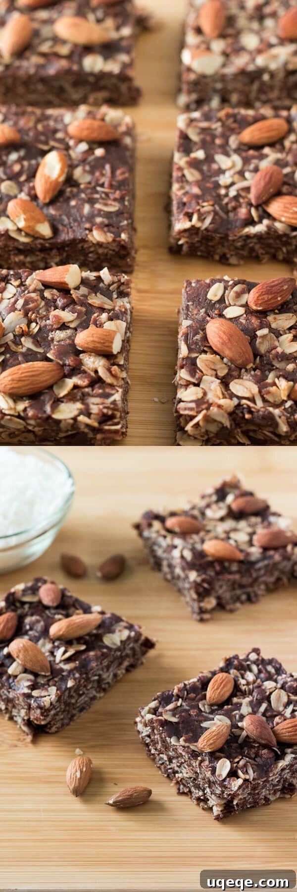Chocolate Coconut Almond Granola Bars 3 Close-up of a stack of Almond Joy Granola Bars, highlighting the generous coconut flakes and chocolate drizzle, perfect for an energy boost.