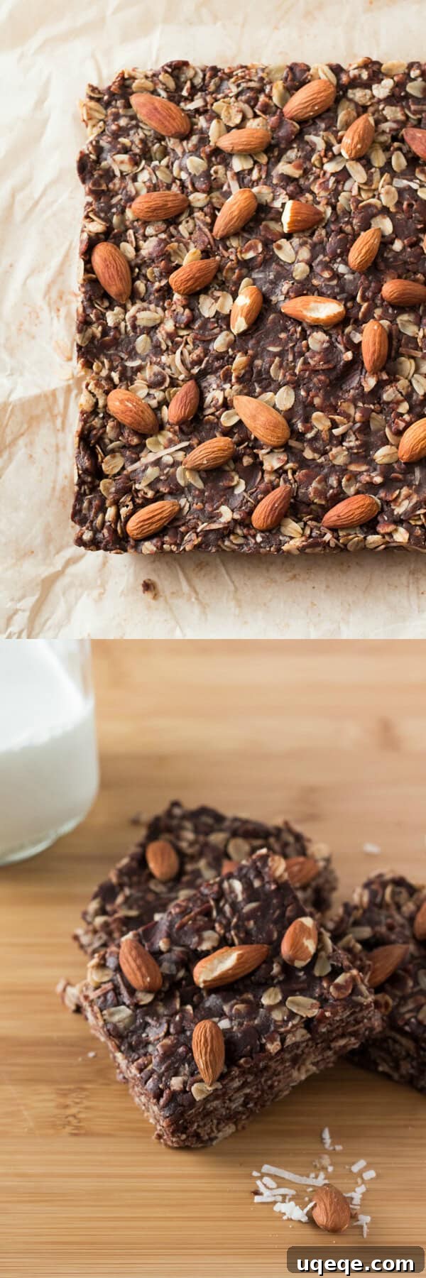 Chocolate Coconut Almond Granola Bars 4 A close-up shot of the mixture for Almond Joy Granola Bars in a bowl, with oats, coconut, and chocolate visible, highlighting the wholesome ingredients.