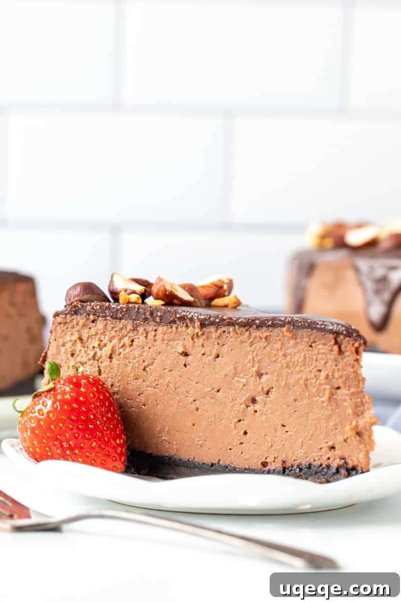 Decadent Nutella Oreo Cheesecake 2 Slice of Nutella cheesecake with Nutella ganache on top and hazelnuts