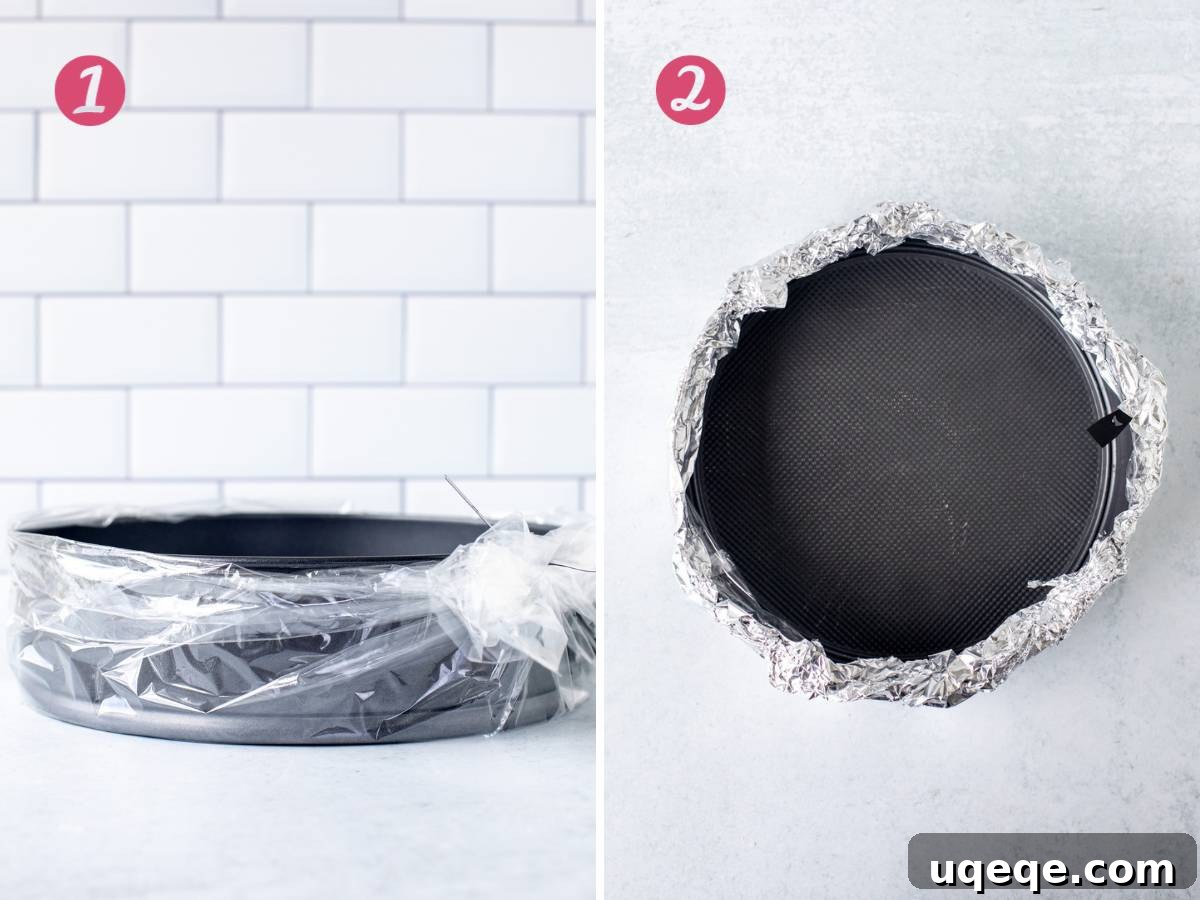 Decadent Nutella Oreo Cheesecake 3 Springform pan wrapped in an oven bag, and pan wrapped in foil.