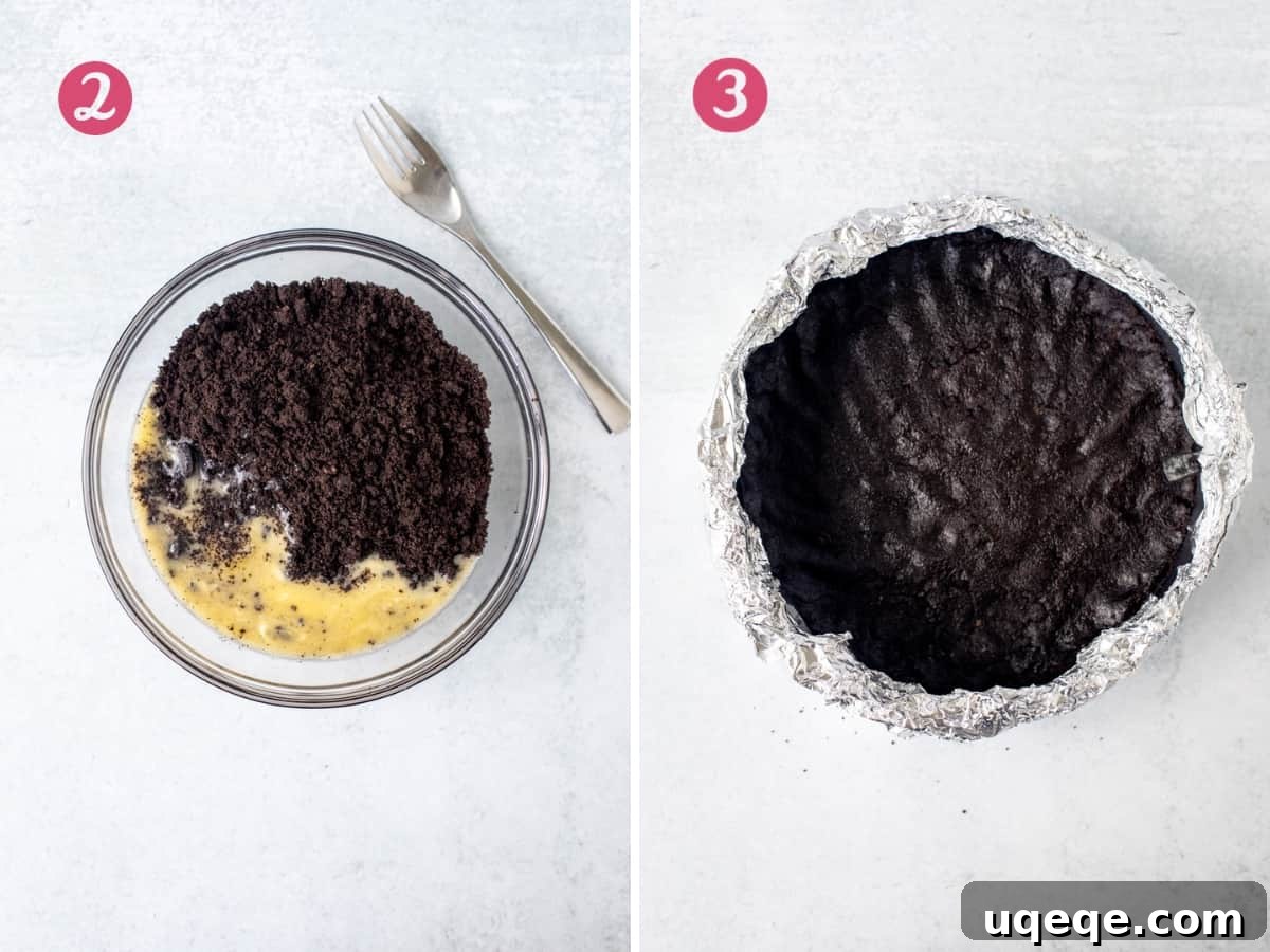 Decadent Nutella Oreo Cheesecake 4 Crushed Oreo cookies and melted butter in a bowl, and Oreo crust pressed into a springform pan.