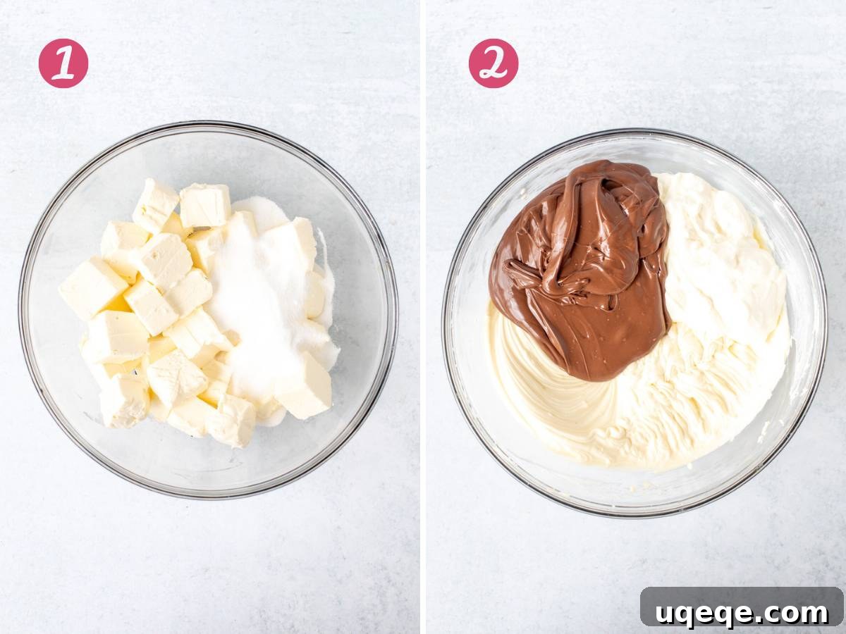Decadent Nutella Oreo Cheesecake 5 Bowl of cream cheese and sugar and bowl of cream cheese and sugar mixed together with Nutella and sour cream added