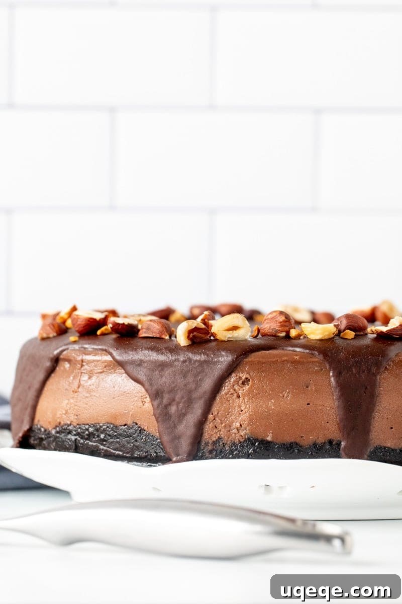 Decadent Nutella Oreo Cheesecake 8 9-inch round Nutella cheesecake with Nutella chocolate topping and hazelnuts on top