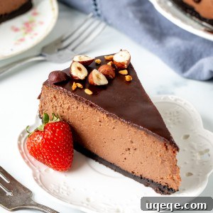 Piece of Nutella cheesecake with an Oreo crust on a plate
