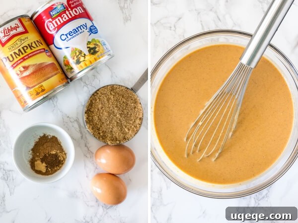Velvet Pumpkin Pie Bars 4 Ingredients for making the pumpkin pie filling, and filling after it's whisked together.