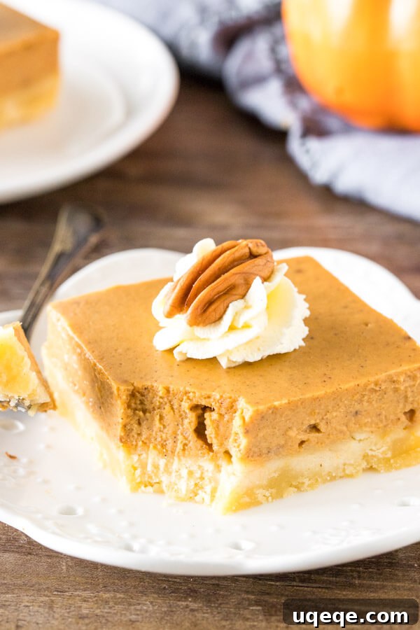 Velvet Pumpkin Pie Bars 5 A slice of pumpkin pie bars with a bite taken out to show the creamy texture.