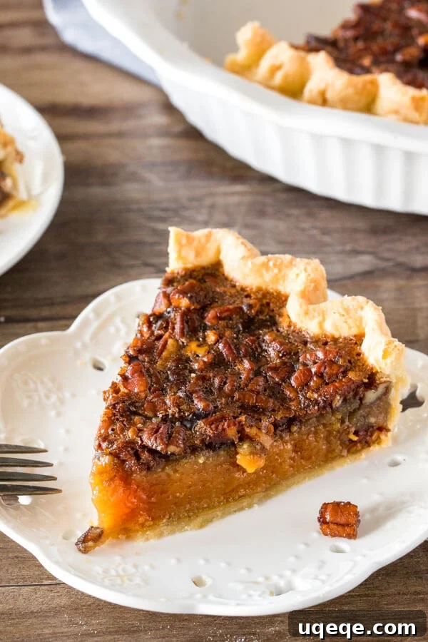 A beautifully presented slice of pecan pie with fluted edges on a white plate, with the rest of the golden-brown pie subtly blurred in the background, highlighting its irresistible texture.