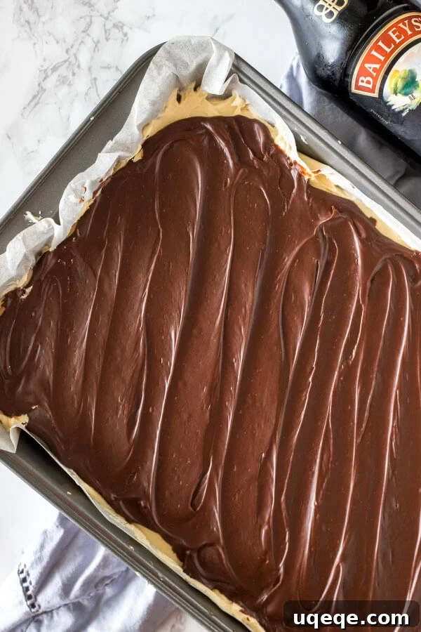 Decadent Baileys Brownies 3 A 9x13 inch pan of Baileys Brownies with chocolate ganache on top photographed from above.