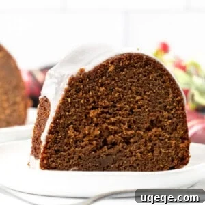 Molasses Spiced Bundt Bliss 11 Close-up of a beautiful slice of gingerbread bundt cake, showing its perfectly glazed top and moist, tender interior.