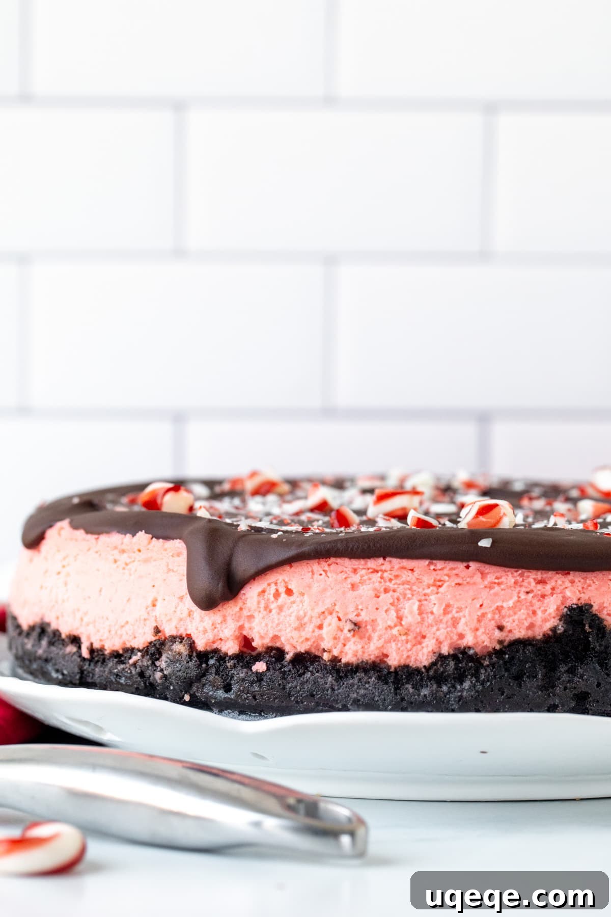 Arctic Peppermint Cheesecake 3 Round candy cane cheesecake with Oreo crust and chocolate topping on a white plate