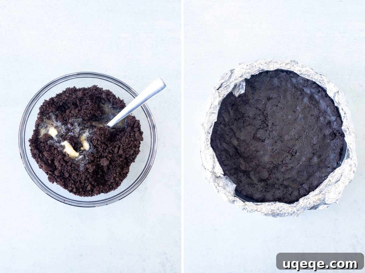 Arctic Peppermint Cheesecake 4 Bowl of Oreo crumbs and melted butter and Oreo crust in a springform pan wrapped in foil.