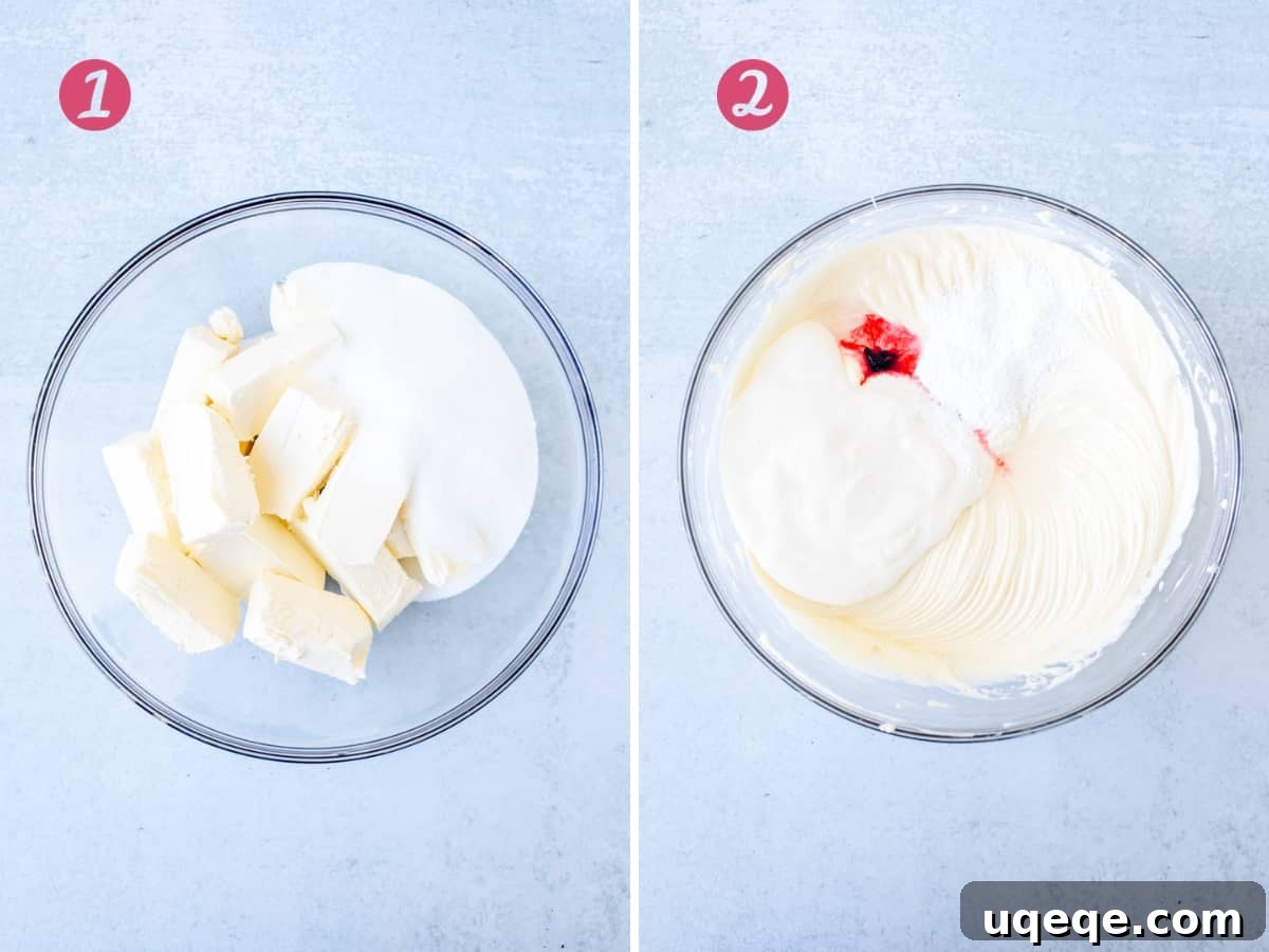 Arctic Peppermint Cheesecake 5 Bowl of cream cheese and sugar, and bowl of cream cheese and sugar mixed together with sour cream, peppermint extract, cornstarch and red food coloring added.