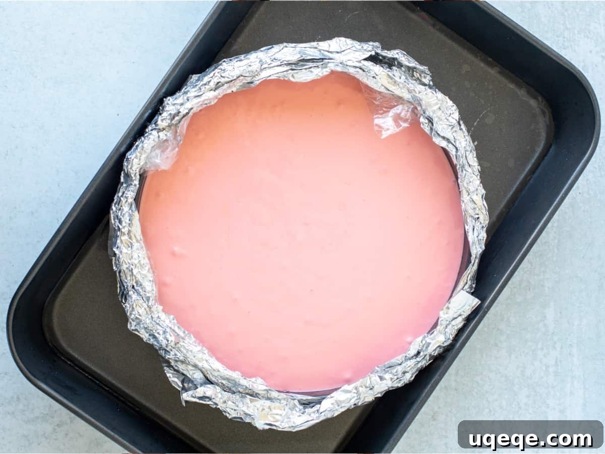 Arctic Peppermint Cheesecake 7 Unbaked peppermint cheesecake in a water bath