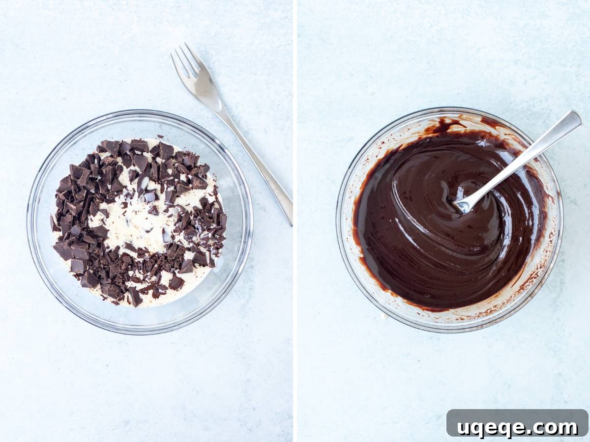 Arctic Peppermint Cheesecake 8 Bowl of chopped chocolate and heavy cream, and bowl of chocolate ganache