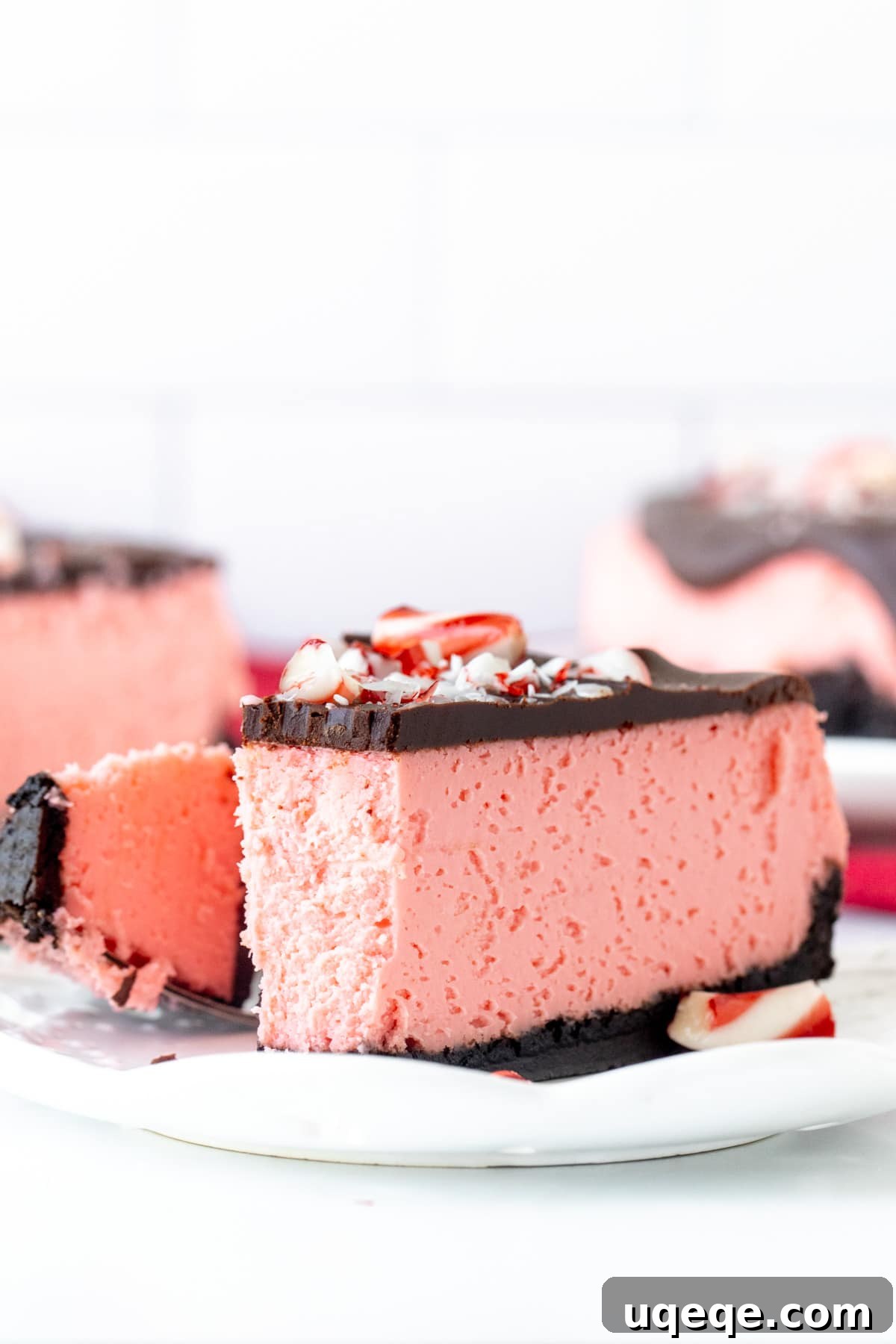 Arctic Peppermint Cheesecake 10 Slice of peppermint cheesecake on a plate with a bite taken out