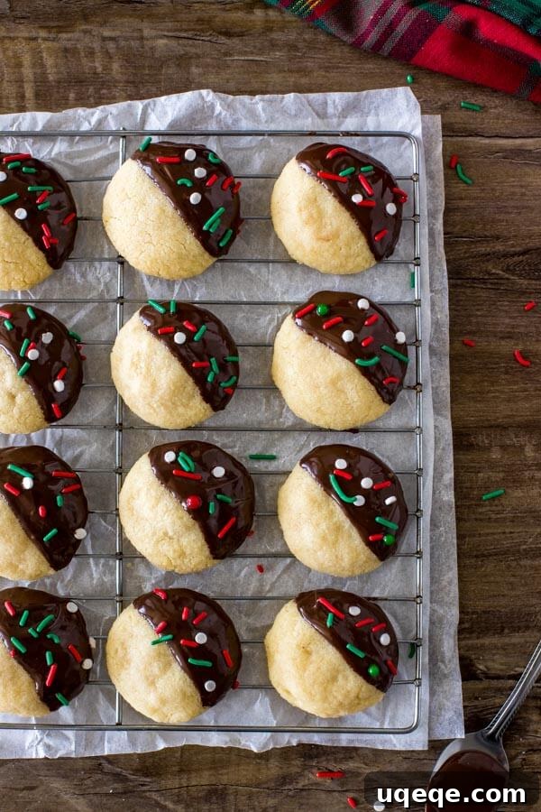 A close-up view of a wire cooling rack laden with freshly baked shortbread cookie balls, each meticulously dipped halfway into a smooth, glistening chocolate coating, showcasing their readiness for setting and enjoyment.