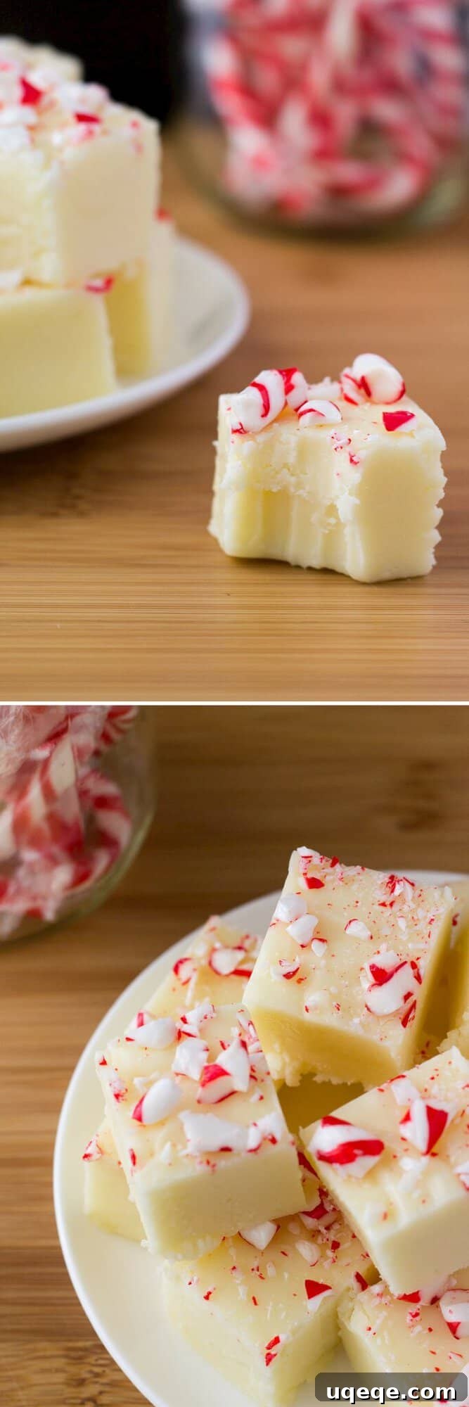 Creamy White Chocolate Peppermint Fudge. So delicious & perfect for the holidays - it makes a decadent, delicious gift! www.justsotasty.com
