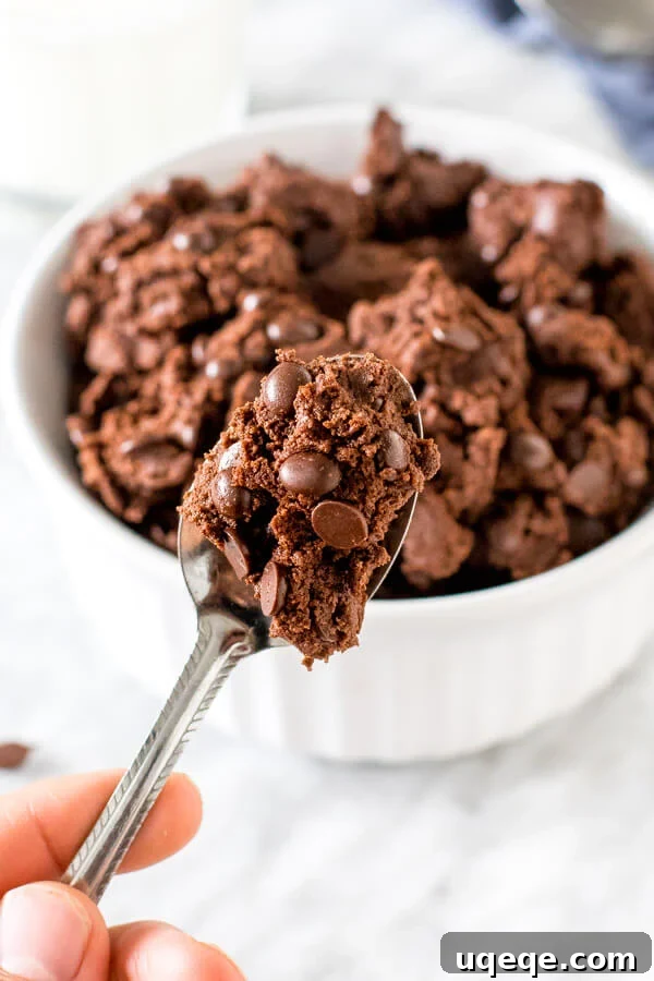 A glistening spoonful of rich, dark edible chocolate cookie dough, studded with mini chocolate chips, lifted from a bowl, highlighting its fudgy and tempting texture.