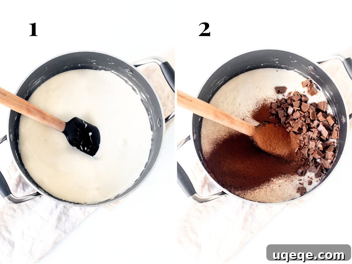 Decadent Chocolate Krispie Bars 3 Two saucepans, one with melted marshmallows and butter, and another with cocoa and chopped chocolate being added to the marshmallow mixture, illustrating the melting process for chocolate Rice Krispie treats.