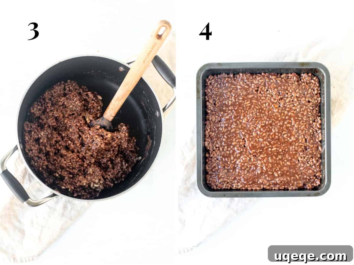 Decadent Chocolate Krispie Bars 4 One saucepan containing the mixed chocolate Rice Krispie treat mixture, and a baking pan with the freshly pressed treats, ready to be chilled or topped.