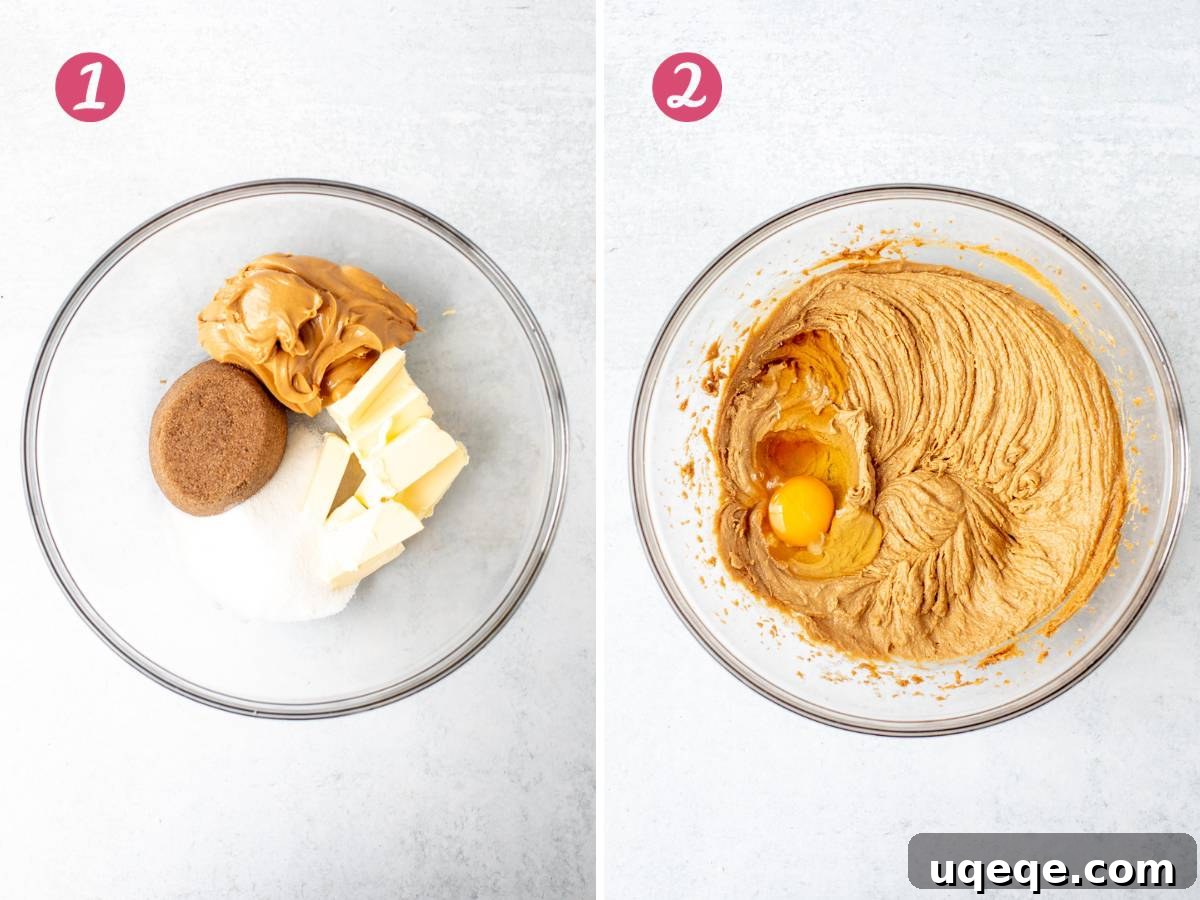 Bowl of butter, sugars, and peanut butter being mixed, showing a smooth, creamy texture developing.