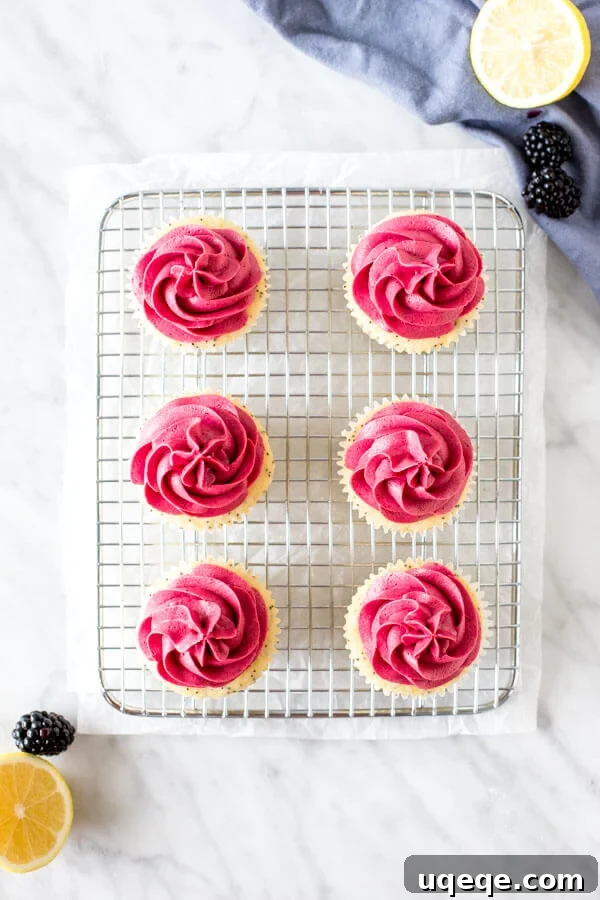 Blackberry Kissed Lemon Poppy Seed Cupcakes 4 Cupcakes with blackberry frosting on a cooling rack, shot from above.