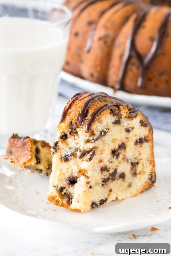 Slice of chocolate chip pound cake on a plate with a bite taken out of it with a fork.