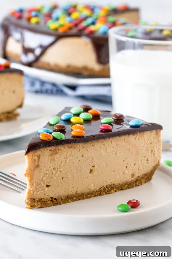 Slice of monster cookie cheesecake with a glass of milk. 2nd piece of cheesecake and entire cheesecake in the background. 