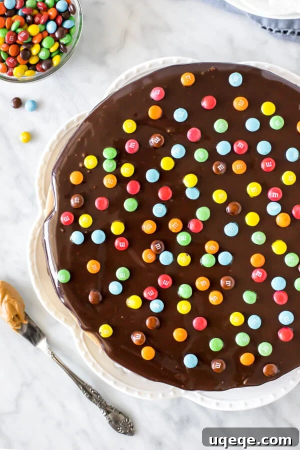Cheesecake topped with chocolate ganache and M&M candies on a white plate, shot from above. 