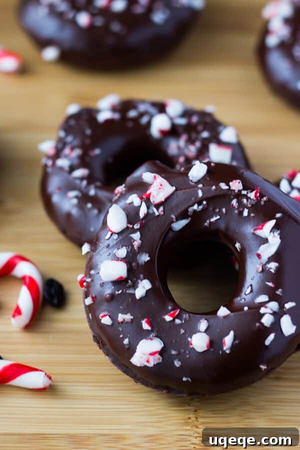 Fudgy, chocolate-y Peppermint Mocha Doughnuts dipped in a rich mocha glaze & sprinkled with crushed candy canes - You NEED to make these!