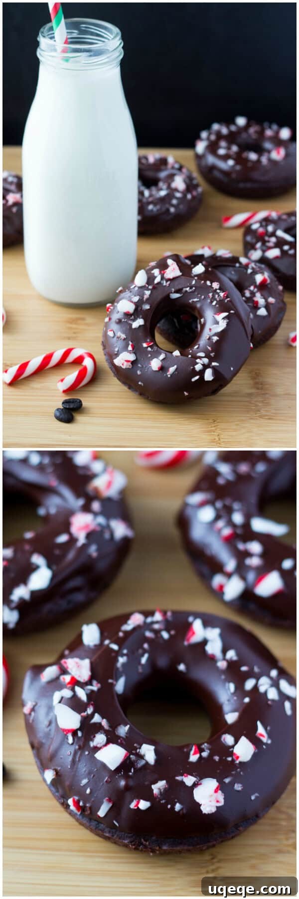 Fudgy, chocolate-y Peppermint Mocha Doughnuts dipped in a rich mocha glaze & sprinkled with crushed candy canes - You NEED to make these!
