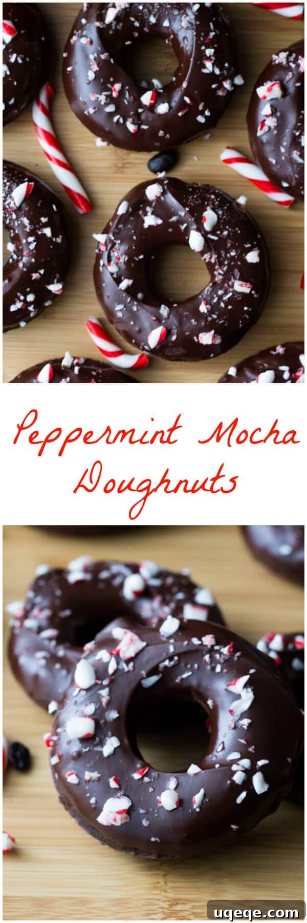 Fudgy, chocolate-y Peppermint Mocha Doughnuts dipped in a rich mocha glaze & sprinkled with crushed candy canes - You NEED to make these!