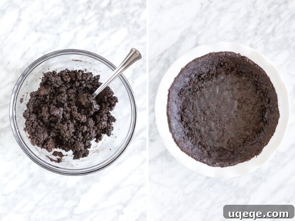 Silky Chocolate Mousse Indulgence 4 2 step collage showing how to make Oreo cookie crust for pie