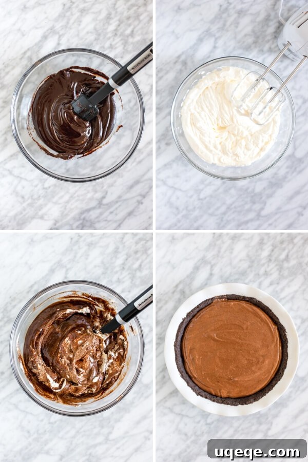 Silky Chocolate Mousse Indulgence 5 Collage of 4 step process for making chocolate mousse pie filling