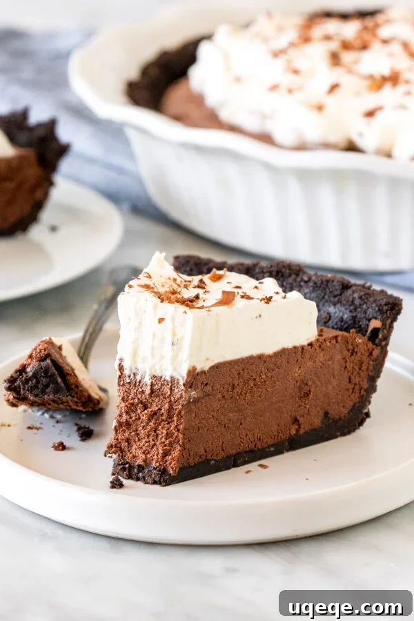 Silky Chocolate Mousse Indulgence 6 Slice of chocolate pie with a bite taken out of it.