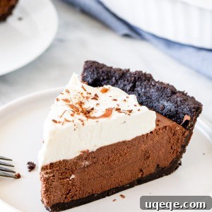 Silky Chocolate Mousse Indulgence 7 Slice of chocolate mousse pie with whipped cream on a white plate.