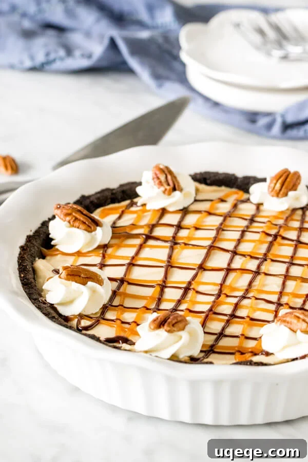 Glorious No-Bake Turtle Pie, Ready to Enjoy A full, pristine no-bake turtle pie showcased in a classic white pie plate, artfully decorated with elegant swirls of fresh whipped cream, generous drizzles of golden caramel, and streaks of dark chocolate, all crowned with a sprinkling of chopped pecans. This image captures the pie's luxurious appearance, ready to be served.