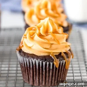 Chocolate cupcakes with caramel frosting and caramel sauce.