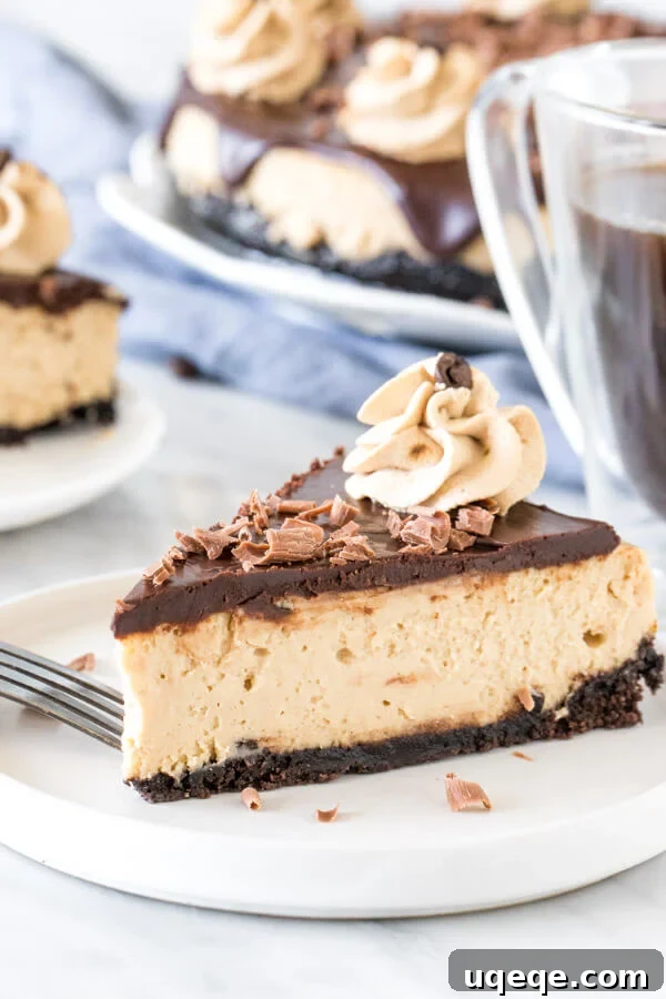 Decadent Coffee Cheesecake 2 Slice of coffee cheesecake with chocolate ganache on top on a plate.